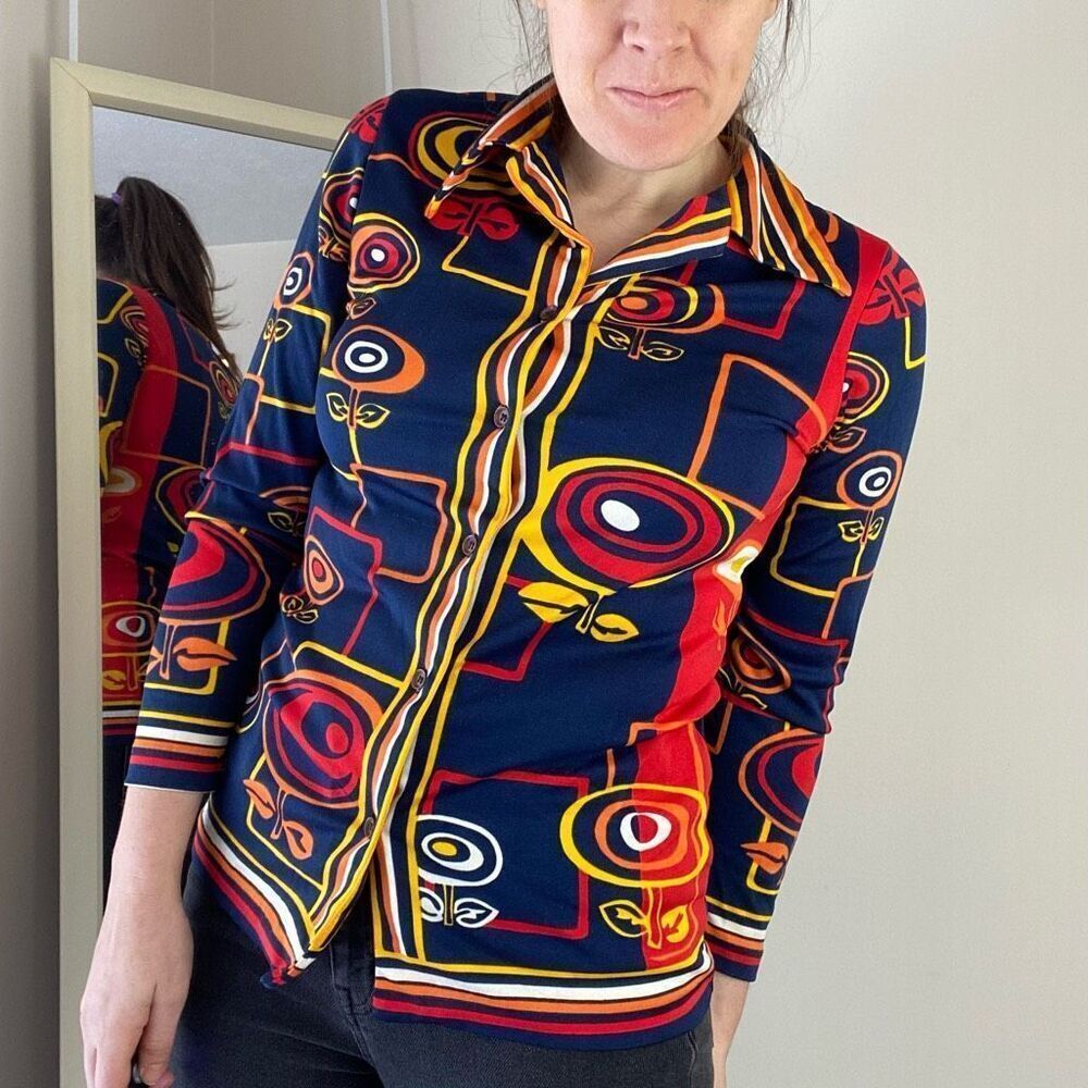 VTG 70s Psychedelic Mod Disco Shirt Geometric Print Fitted Button Up Top - Picture 6 of 13